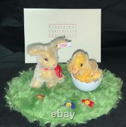Vintage German Steiff Easter Diorama Mohair Bunny & Chick On Wool Base
