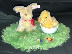 Vintage German Steiff Easter Diorama Mohair Bunny & Chick On Wool Base