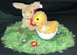 Vintage German Steiff Easter Diorama Mohair Bunny & Chick On Wool Base