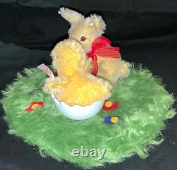 Vintage German Steiff Easter Diorama Mohair Bunny & Chick On Wool Base
