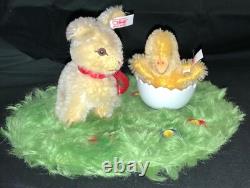 Vintage German Steiff Easter Diorama Mohair Bunny & Chick On Wool Base
