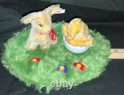 Vintage German Steiff Easter Diorama Mohair Bunny & Chick On Wool Base