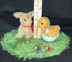 Vintage German Steiff Easter Diorama Mohair Bunny & Chick On Wool Base