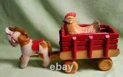 Vintage German Steiff Horse Pulling Wooden Easter Wagon with Hen