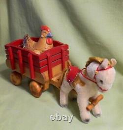 Vintage German Steiff Horse Pulling Wooden Easter Wagon with Hen