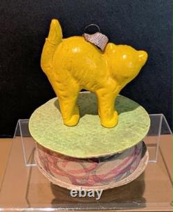 Vintage German Yellow Cat Miniature Box Candy Container Favor Pin 1950s 1960s