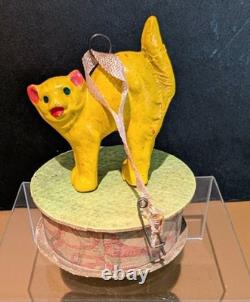 Vintage German Yellow Cat Miniature Box Candy Container Favor Pin 1950s 1960s