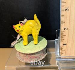 Vintage German Yellow Cat Miniature Box Candy Container Favor Pin 1950s 1960s