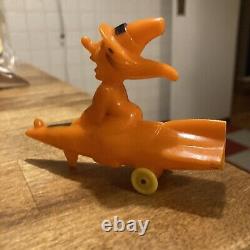 Vintage Halloween 1950's Rosbro Orange Witch Riding On A Rocket Candy Container