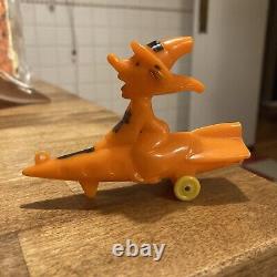 Vintage Halloween 1950's Rosbro Orange Witch Riding On A Rocket Candy Container