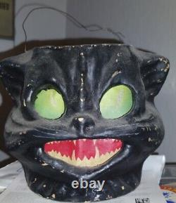 Vintage Halloween Black Cat Head Candy Holder Papier Mache 5 1/2 RARE