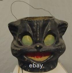 Vintage Halloween Black Cat Head Candy Holder Papier Mache 5 1/2 RARE