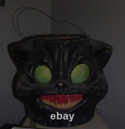 Vintage Halloween Black Cat Head Candy Holder Papier Mache 5 1/2 RARE