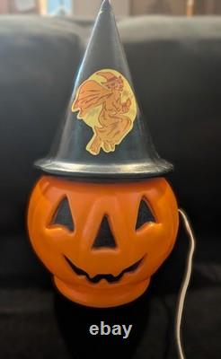 Vintage Halloween Blow Mold Pumpkin with Witch Hat and Witch Sticker