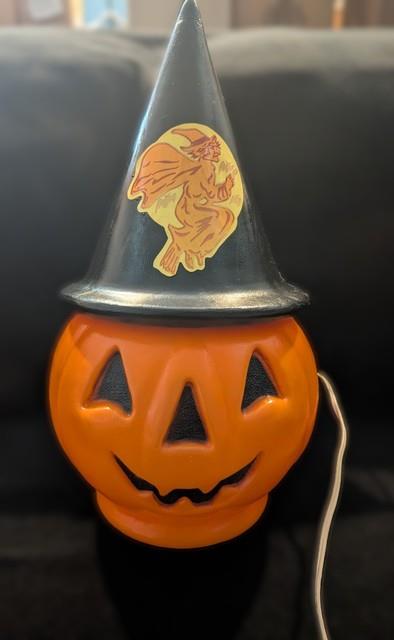Vintage Halloween Blow Mold Pumpkin With Witch Hat And Witch Sticker
