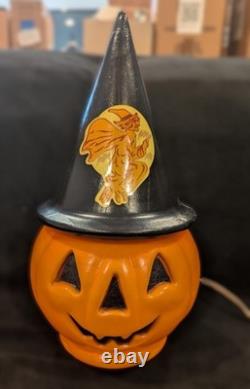 Vintage Halloween Blow Mold Pumpkin with Witch Hat and Witch Sticker