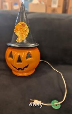 Vintage Halloween Blow Mold Pumpkin with Witch Hat and Witch Sticker