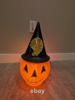 Vintage Halloween Blow Mold Pumpkin with Witch Hat and Witch Sticker