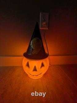 Vintage Halloween Blow Mold Pumpkin with Witch Hat and Witch Sticker