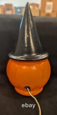 Vintage Halloween Blow Mold Pumpkin with Witch Hat and Witch Sticker