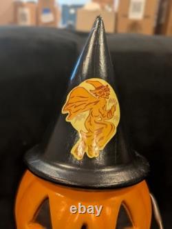 Vintage Halloween Blow Mold Pumpkin with Witch Hat and Witch Sticker