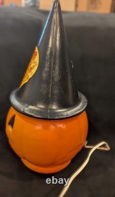 Vintage Halloween Blow Mold Pumpkin with Witch Hat and Witch Sticker