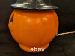Vintage Halloween Blow Mold Pumpkin with Witch Hat and Witch Sticker