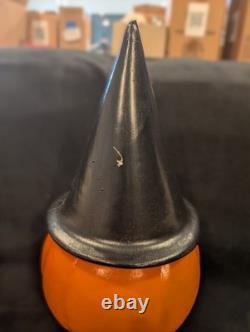 Vintage Halloween Blow Mold Pumpkin with Witch Hat and Witch Sticker