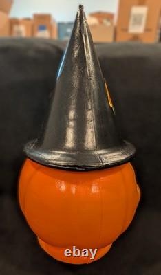 Vintage Halloween Blow Mold Pumpkin with Witch Hat and Witch Sticker