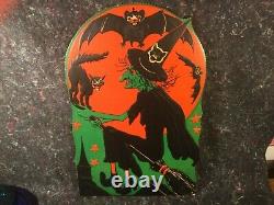 Vintage Halloween Broomed Witch Against Moon Beistle Scalloped Edge Die Cut Huge