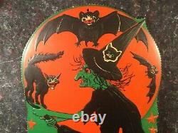 Vintage Halloween Broomed Witch Against Moon Beistle Scalloped Edge Die Cut Huge