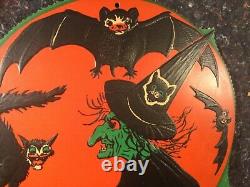 Vintage Halloween Broomed Witch Against Moon Beistle Scalloped Edge Die Cut Huge