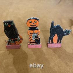 Vintage Halloween German 1920 Table favors Skittle Game PCs Owl Pump Maid Cat 3