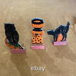 Vintage Halloween German 1920 Table favors Skittle Game PCs Owl Pump Maid Cat 3