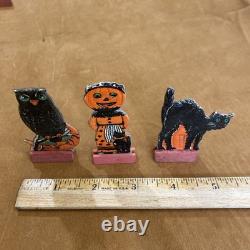 Vintage Halloween German 1920 Table favors Skittle Game PCs Owl Pump Maid Cat 3
