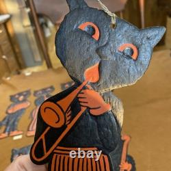 Vintage Halloween H. E. Luhrs Black Cat Die cut Musicians Orange Set Of 8