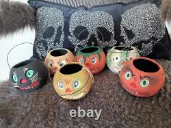 Vintage Halloween Mini Set Of Six Lantern/buckets Paper Mache-3''h Vintage Halloween Mini Set Of Six Lantern/buckets Paper Mache-3''h