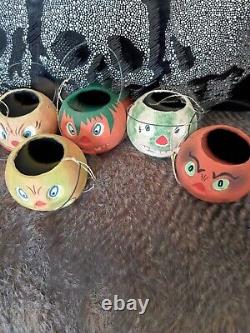 Vintage Halloween Mini Set Of Six Lantern/buckets Paper Mache-3''h Vintage Halloween Mini Set Of Six Lantern/buckets Paper Mache-3''h