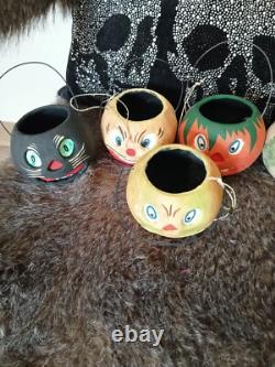 Vintage Halloween Mini Set Of Six Lantern/buckets Paper Mache-3''h Vintage Halloween Mini Set Of Six Lantern/buckets Paper Mache-3''h