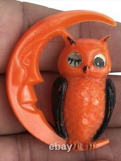 Vintage Halloween Owl Crescent Moon Plastic Orange Black Brooch Pin