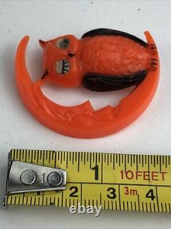 Vintage Halloween Owl Crescent Moon Plastic Orange Black Brooch Pin