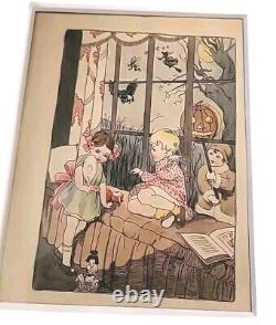 Vintage Halloween Painting Witch Children JOL Goblin 1930s Watercolor Framed 17