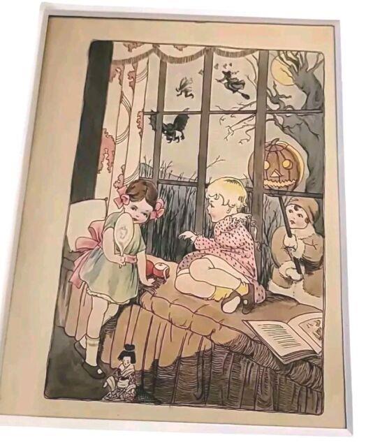 Vintage Halloween Painting Witch Children Jol Goblin 1930s Watercolor Framed 17