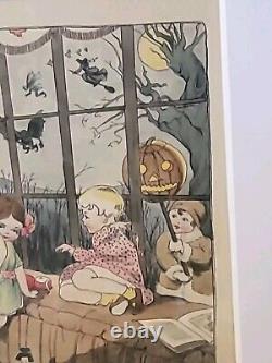 Vintage Halloween Painting Witch Children JOL Goblin 1930s Watercolor Framed 17