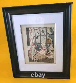 Vintage Halloween Painting Witch Children JOL Goblin 1930s Watercolor Framed 17