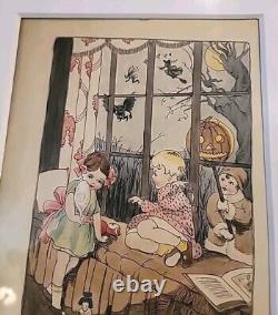 Vintage Halloween Painting Witch Children JOL Goblin 1930s Watercolor Framed 17