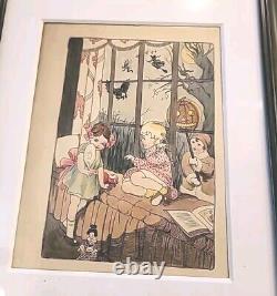 Vintage Halloween Painting Witch Children JOL Goblin 1930s Watercolor Framed 17