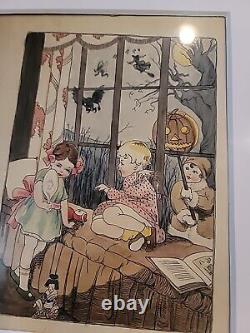 Vintage Halloween Painting Witch Children JOL Goblin 1930s Watercolor Framed 17