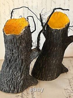 Vintage Halloween Papier Mache Spooky Trees Rare! Crepe paper face inserts