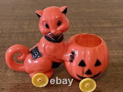 Vintage Halloween-Rosbro Rosen Plastic Candy Container-Cat with Jack-O-Lantern